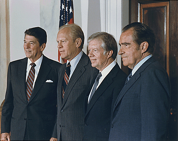 president ronald reagan meets with his three predecessors, ford