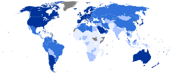 world map by quartiles of human development index in 2014.
