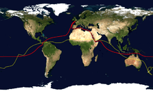 The route of a typical modern sailing circumnavigation, via the Suez Canal and the Panama Canal is shown in red; its antipodes are shown in yellow.
