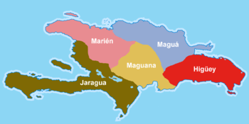The five caciquedoms of Hispaniola at the time of the arrival of Christopher Columbus