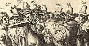 A contemporary engraving of eight of the thirteen conspirators, by Crispijn van de Passe.  Fawkes is third from the right.