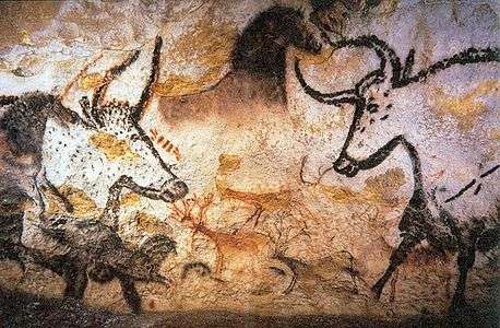 an aurochs bull on a cave painting in lascaux, france.