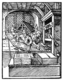 Early wooden printing press, depicted in 1568. Such presses could produce up to 240 impressions per hour.[14]