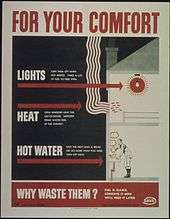 Affiche sensibilisant au fait que le confort peut être conservé, tout ne gaspillant pas l'énergie et l'eau, ici en temps de guerre (Office of War Information, 1941-1945)