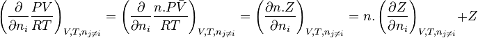 \left( \frac{\partial }{\partial n_i} \frac{PV}{RT} \right)_{V,T,n_{j \neq i}} 
= \left( \frac{\partial }{\partial n_i} \frac{n.P \bar V}{RT} \right)_{V,T,n_{j \neq i}}
= \left( \frac{\partial n.Z}{\partial n_i} \right)_{V,T,n_{j \neq i}}
= n.\left( \frac{\partial Z}{\partial n_i} \right)_{V,T,n_{j \neq i}} + Z 