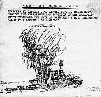 Dessin de l'explosion du HMS Hood, vue par le commandant du HMS Prince of Wales