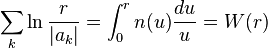 \sum_k\ln \frac{r}{|a_k|}= \int_0^r n(u)\frac{du}{u}=W(r)