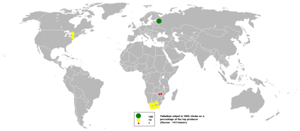 Principaux lieux de production de palladium en 2005.