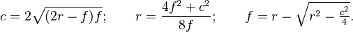 c = 2\sqrt{(2r - f)f} ;\qquad r = \frac{4f^2+c^2}{8 f} ;\qquad f = r - \sqrt{r^2 - \tfrac{c^2}4}.