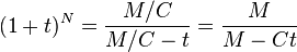  (1 +t)^N= \frac{M/C}{M/C - t} = \frac{M}{M - Ct}
