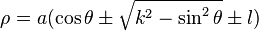  \rho = a(\cos\theta \pm \sqrt{k^{2} - \sin^{2}\theta} \pm l)