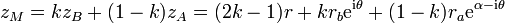  z_M=kz_B+(1-k)z_A=(2k-1)r+kr_b\mathrm e ^{\mathrm i \theta}+(1-k)r_a\mathrm e ^{\alpha - \mathrm i \theta}