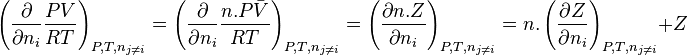 \left( \frac{\partial }{\partial n_i} \frac{PV}{RT} \right)_{P,T,n_{j \neq i}} 
= \left( \frac{\partial }{\partial n_i} \frac{n.P \bar V}{RT} \right)_{P,T,n_{j \neq i}}
= \left( \frac{\partial n.Z}{\partial n_i} \right)_{P,T,n_{j \neq i}}
= n.\left( \frac{\partial Z}{\partial n_i} \right)_{P,T,n_{j \neq i}} + Z 