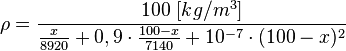 \rho = \frac{100~[kg/m^3]}{\frac{x}{8920} + 0,9\cdot\frac{100-x}{7140}+10^{-7}\cdot(100-x)^2}