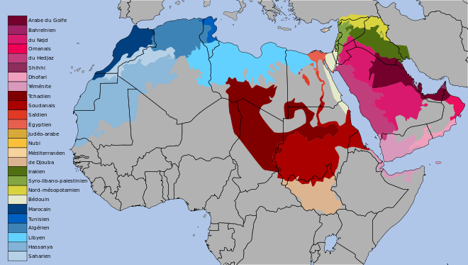 Carte des différents dialectes arabes.