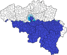 Présence des francophones en Belgique :
en bleu foncé : + de 50 %
;
en bleu clair : + de 30 %
;
en bleu pâle : entre 10 et 30 %.
