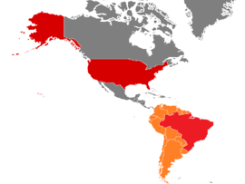 Carte de l'influence du Brésil sur les pays d'Amérique latine, lui-même relais de la superpuissance américaine. En rouge foncé les États-Unis, en rouge le Brésil et en orange les pays d'Amérique du Sud dans l'aire d'influence du Brésil.