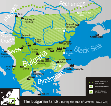 Carte représentant l'apogée territoriale de la Bulgarie sous le règne de Siméon Ier.