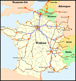 Le réseau TGV : • en bleu et rouge : lignes à grande vitesse  • en noir : lignes classiques parcourues par les TGV