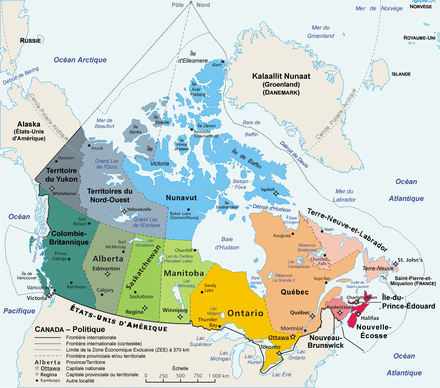 Carte administrative du Canada[118], illustrant les 13 subdivisions de premier rang.