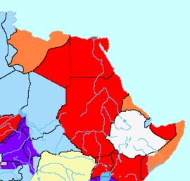 Carte des colonies italiennes en Afrique en 1914. En rouge les colonies britanniques, en orange les colonies italiennes, en jaune les colonies belges, en violet les colonies allemandes, en rose les colonies espagnoles et en bleu les colonies françaises.