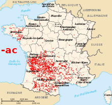 Répartition des noms de communes terminant en -ac