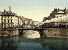 Nantes dans les années 1890. Confluence de l'Erdre et de la Loire, avant le détournement de cette section du cours de l'Erdre remplacée par le cours des 50 Otages, et du comblement de ce bras de la Loire.