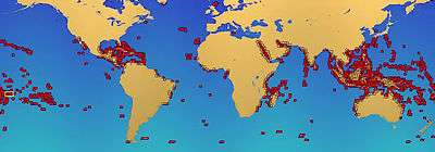 Répartition des récifs coralliens dans le monde.