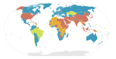 Application de la peine de mort dans le monde.
     Abolie pour tous les crimes
     Abolie pour tous les crimes sauf circonstances exceptionnelles (ex : crimes commis en temps de guerre)
     Légale mais non appliquée depuis au moins dix ans (ou moratoire officiel)
     Légale et appliquée