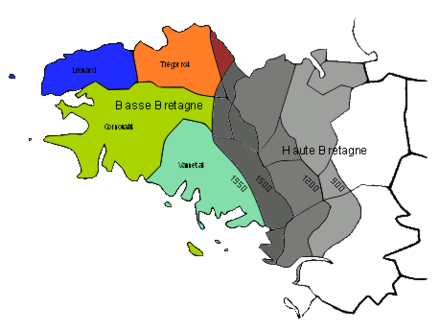 Les différents tons de gris retracent la perte progressive de l'usage du breton dans les campagnes au profit du gallo, puis du français. La limite entre la Haute et la Basse Bretagne a peu à peu glissé vers l'Ouest.