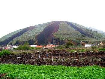 Carrières de cendre volcanique, El Palmar, île de Tenerife, Canaries. La terre brune, ou picòn retirée de cet ancien cône volcanique est épandue sur les champs pour améliorer leur pouvoir de rétention d’eau.