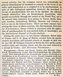 Signature de Freud et bibliographie en fin de l'article « Psychoanalysis », dans la Britannica, 14e édition, 1929.