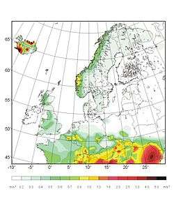 Carte de l'aléa sismique pour l'Europe du Nord. L'échelle des couleurs indique l'accélération du sol ayant 10 % de chance d'être dépassée en 50 ans[11].