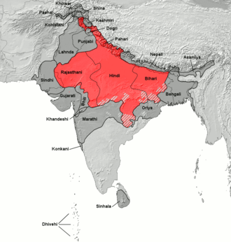 Répartition (en rouge) des locuteurs natifs du hindi et de ses dialectes