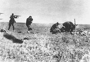 Une femme juive et son enfant fusillés par les Einsatzgruppen pendant que d'autres victimes doivent creuser leur propre fosse. Ivangorod, Ukraine, 1942.