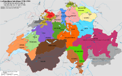 Les 19 cantons de la République helvétique avant février 1802