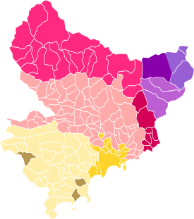 Les langues des Alpes-Maritimes, avec le niçois     Occitan : mentonasque      Occitan : vivaro-alpin intermédiaire      Occitan : vivaro-alpin alpin      Occitan : provençal maritime      Occitan : niçois      figoun (génois, éteint et remplacé par le provençal)      Royasque     Brigasque      Tendasque