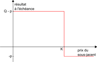 Profil de résultat d'un acheteur d'un put binaire de prime p, de prix d'exercice K et de flux fixé Q