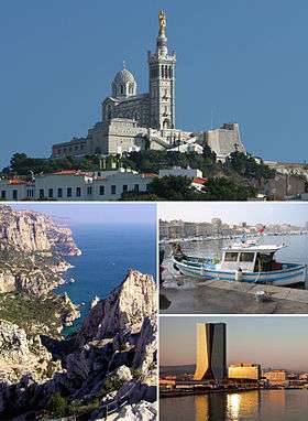 En haut, basilique Notre-Dame-de-la-Garde. En bas à gauche, la Calanque de Sugiton, à droite un bateau sur le Vieux-Port, la Tour CMA-CGM sur le port de la Joliette.