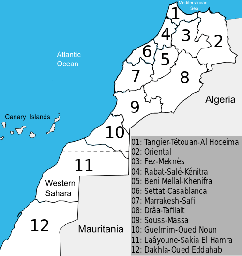 Carte des régions du Maroc depuis le nouveau découpage régional 2015. 