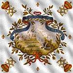 Drapeau de la 1re compagnie des mousquetaires du roi d'après Du Vivier – 1715. La devise : « Quo ruit et lethum » - « Où j'accours la mort aussi »