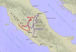 Mouvement des troupes des généraux d'Octavien dans la péninsule italienne.