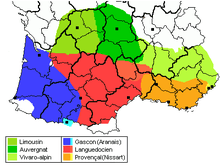 Carte des dialectes occitans et des régions administratives actuelles