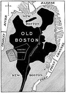 Le site sur la péninsule du XVIIe siècle (en noir, Old Boston) a été progressivement agrandi par des polders (en gris, New Boston). Le port (harbor) s’est développé à l’est.