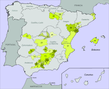 Carte des huiles bénéficiant de l'appellation d'origine protégée (AOP) en Espagne.