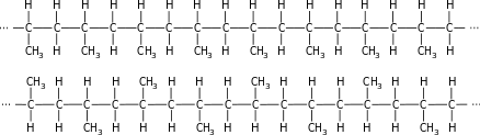 Représentation d'une chaîne d'un polypropylène isotactique et syndiotactique (de haut en bas).