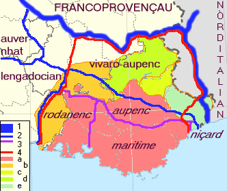 
La Provence historique et linguistique
Vue linguistique :
1 Limite de langue
2 Limite de dialecte
3 Limite de sous-dialecte
Points de vue de P. Blanchet[18],[19] :
4 « Limite de la langue provençale »
a « La Provence historique et culturelle »
b « Zones extérieures de culture provençale »
c « Zone historique provençale ayant appartenu au Piémont de 1388 à 1713 et surtout de culture alpine »
d « Zone dauphinoise aujourd'hui rattachée à la région Provence Alpes Côte d'Azur »
e « Pays niçois (Provençal jusqu'en 1388, Piémontais jusqu'en 1860, aujourd'hui rattaché à la région Provence Alpes Côte d'Azur »
