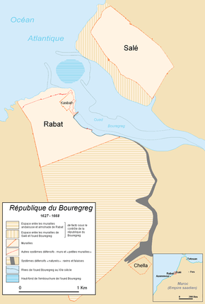  Carte de la République de Salé, montrant l'emplacement des trois cités : Salé-le-Vieux, la Kasbah, et Rabat.