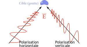 Illumination de la cible avec polarisation horizontale et verticale. On peut noter la forme de la cible qui donnera un retour plus intense avec l'onde horizontale.