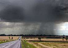 Rideau de pluie sous un ciel orageux dont une partie forme de la virga.